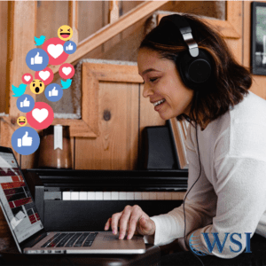 Woman with Headphones and Social Media Icons