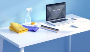 Website maintenance displayed on a laptop with cleaning supplies on a white desk.