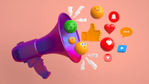 A graphic of a megaphone with graphics of smiley faces, hearts, and thumbs-ups.