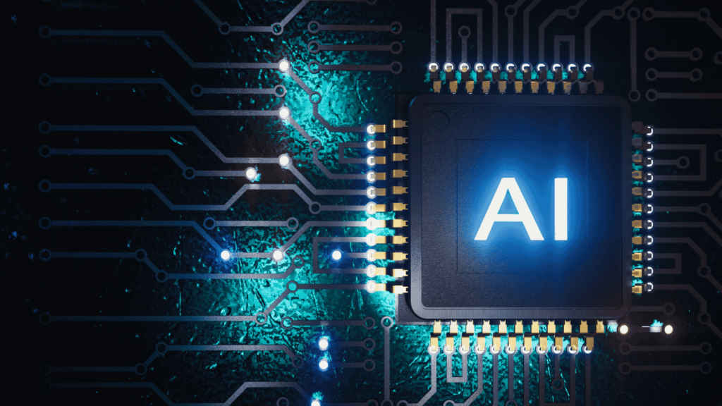 The internals of some digital device with a microchip labeled “AI”.