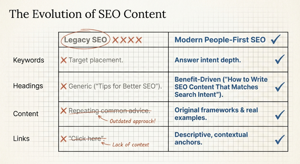 A graphic depicting the differences between traditional and modern SEO practices.