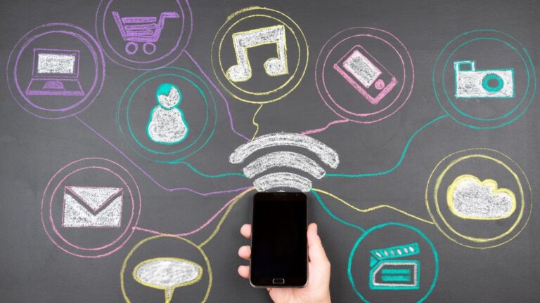 A phone with graphics leading from it to multiple different icons.