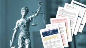 The statue of “Justice” holding scales next to privacy and tracking compliance documents.