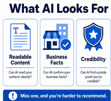 A graphic depicting the three things that AI looks for when scanning a website